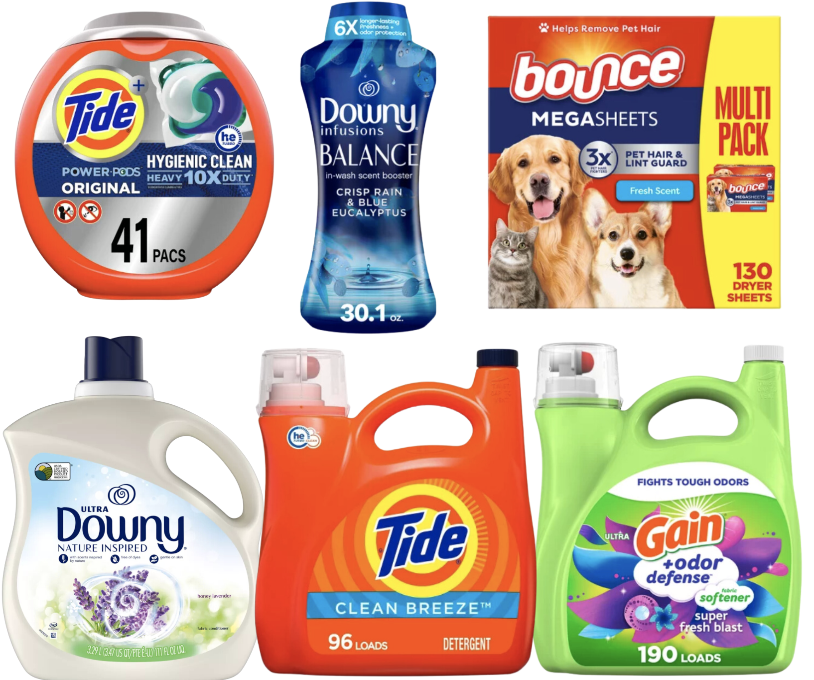 Laundry Care Tide, Gain, Bounce, Downy