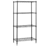 a black metal shelf with four shelves