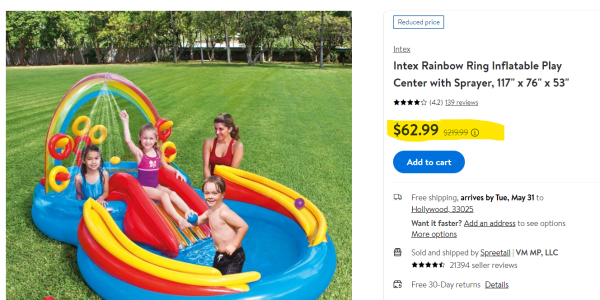 Intex Rainbow Ring Inflatable Play Center With Sprayer $62.99 (was$219.99)