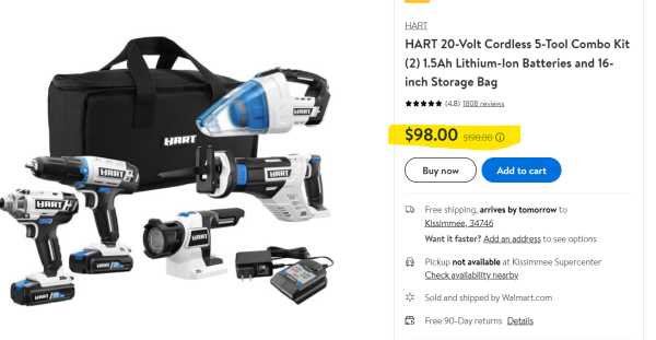 Hart 20-volt Cordless 5-tool Combo Kit Over 50% Off Great For Fathers Day