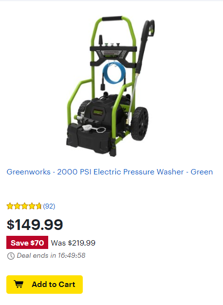 Greenworks – 2000 Psi Electric Pressure Washer Only $149 Today Only!
