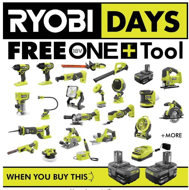 FREE RYOBI POWER TOOL WITH RYOBI ONE+ Charger Kit!