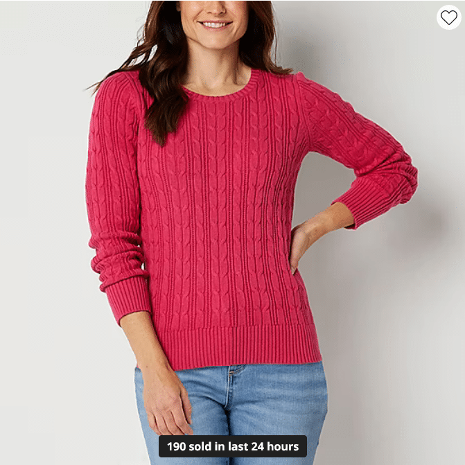 Screenshot 2024 01 25 at 19 42 03 St. John's Bay Womens Crew Neck Long Sleeve Cable Knit Pullover Sweater   JCPenney