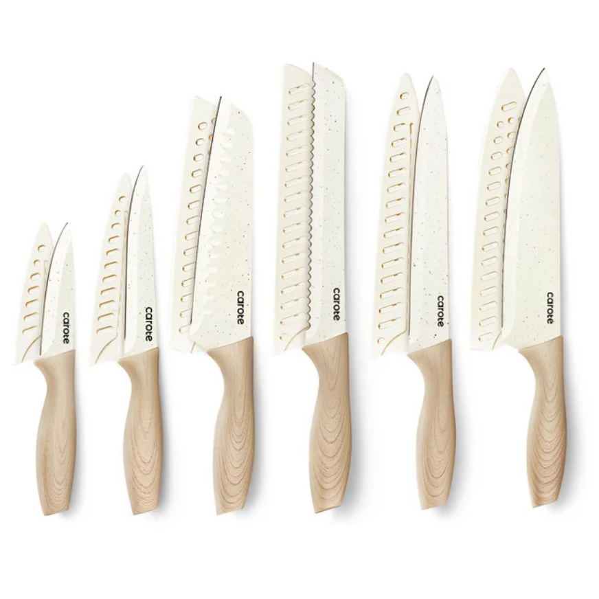 Screenshot 2024 04 05 at 09 39 40 CAROTE 12PCS Knife set with Blade Guards Granite Nonstick Ceramic Coating Stainless Steel blade Wooden Handle Essential knife set White Walmart.com