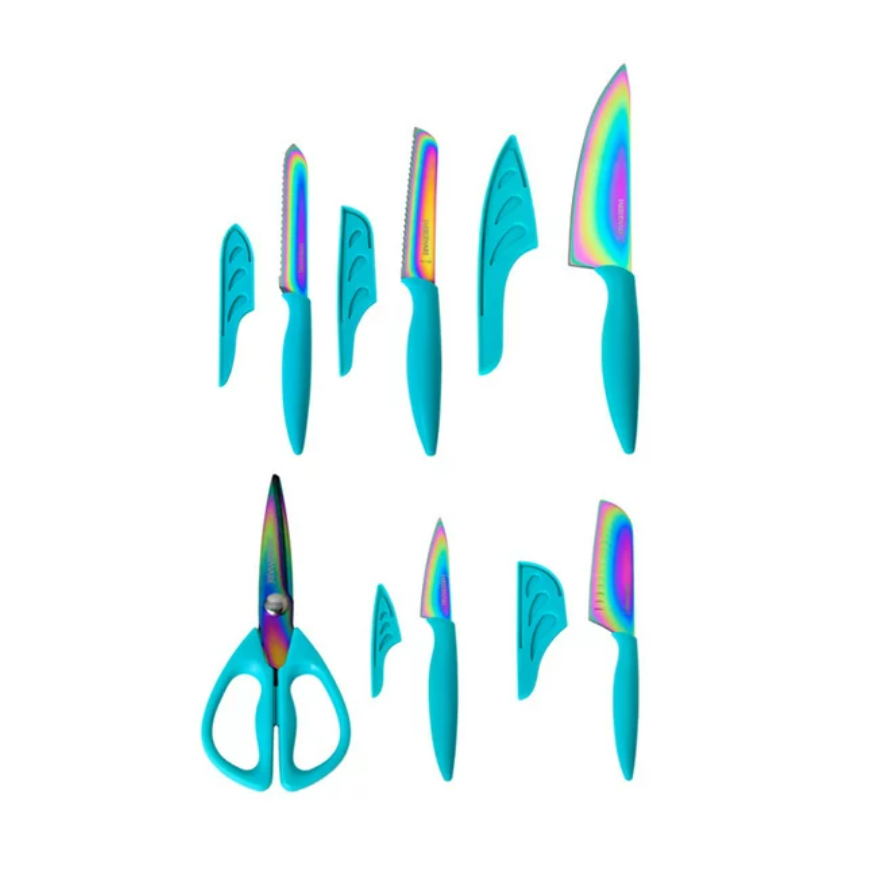 Screenshot 2024 04 11 at 15 41 52 Farberware 11 piece Rainbow Iridescent Blades with Teal Handles and Sheath Titanium Cutlery Set Walmart.com