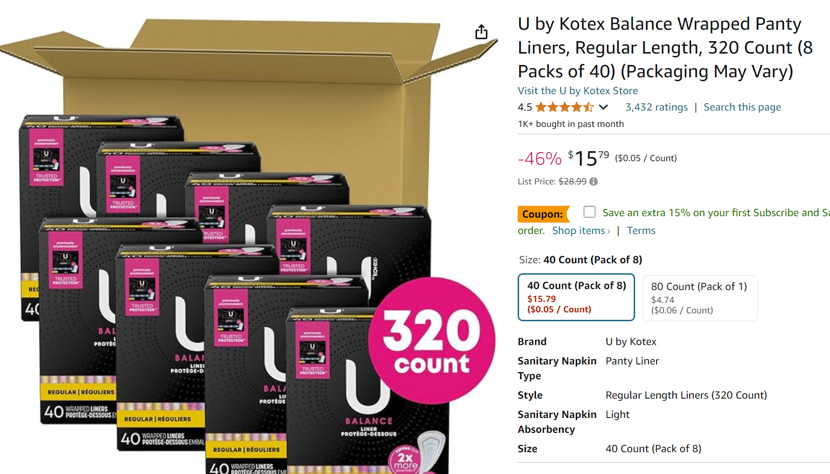 U by Kotex Balance Wrapped Panty Liners, Regular Length, 320 Count (8 ...