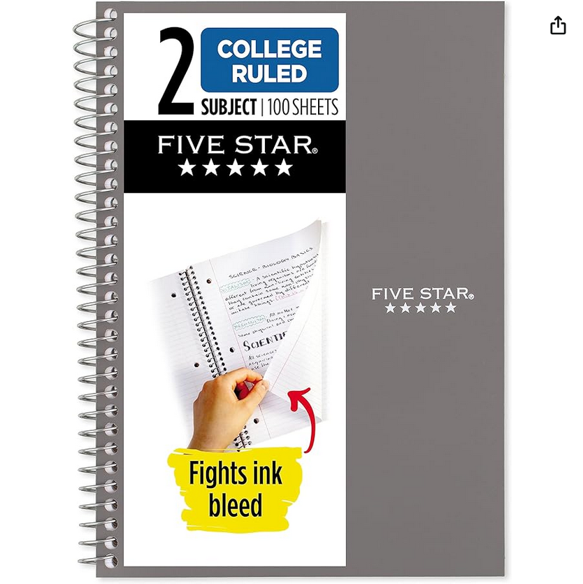 Screenshot 2024 07 11 at 22 18 02 Amazon.com Five Star Small Spiral Notebook 2 Subject College Ruled Paper 9 1 2 x 6 100 Sheets Gray (840004AA3) Office Products