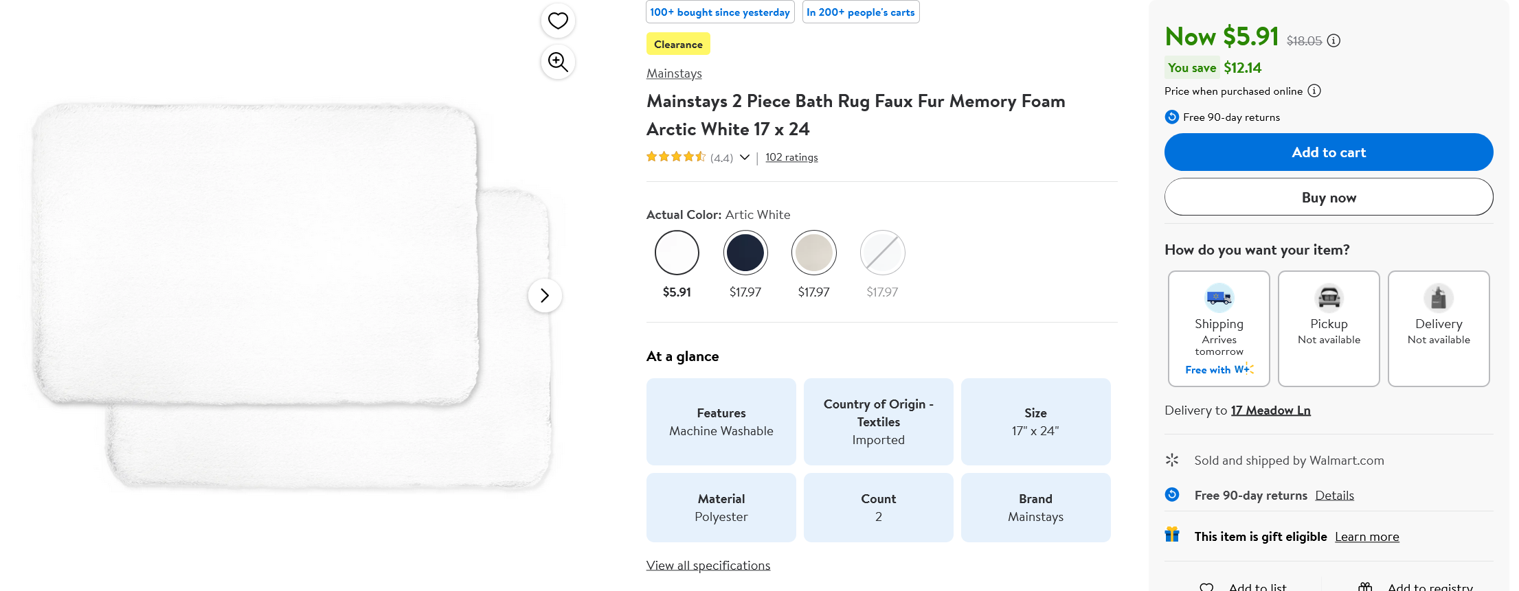 Screenshot 2024 09 11 at 09 13 54 Mainstays 2 Piece Bath Rug Faux Fur Memory Foam Arctic White 17 x 24 Walmart.com