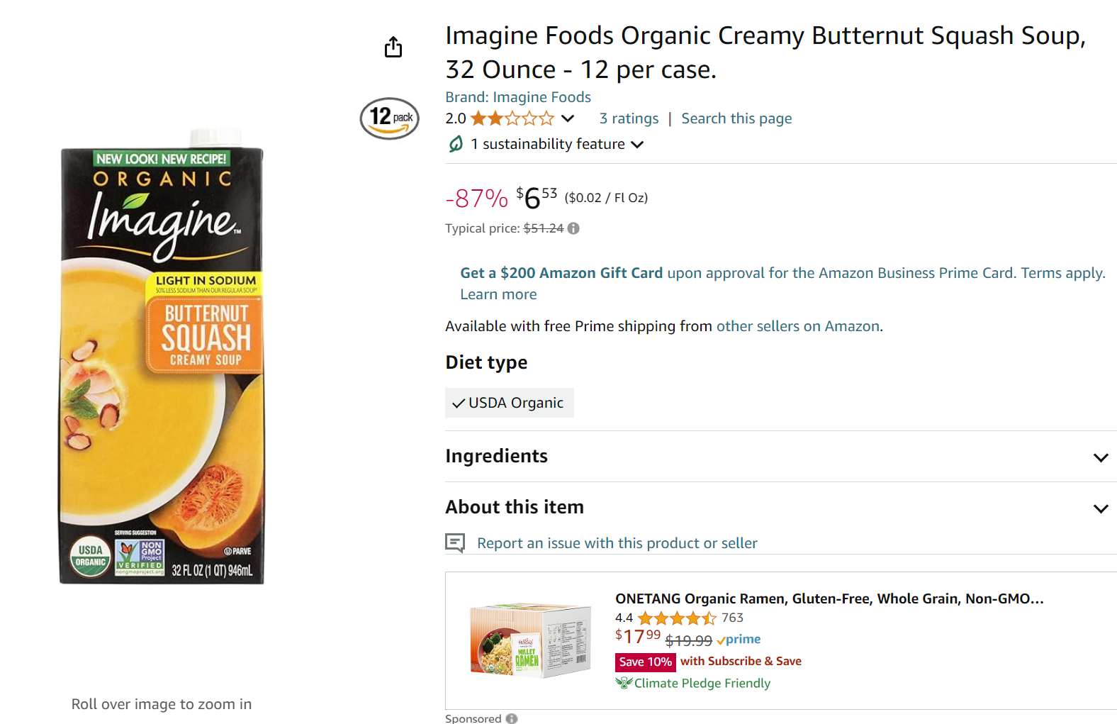 AMAZON PRICE ERROR! Imagine Foods Organic Creamy Butternut Squash Soup, 32 Ounce