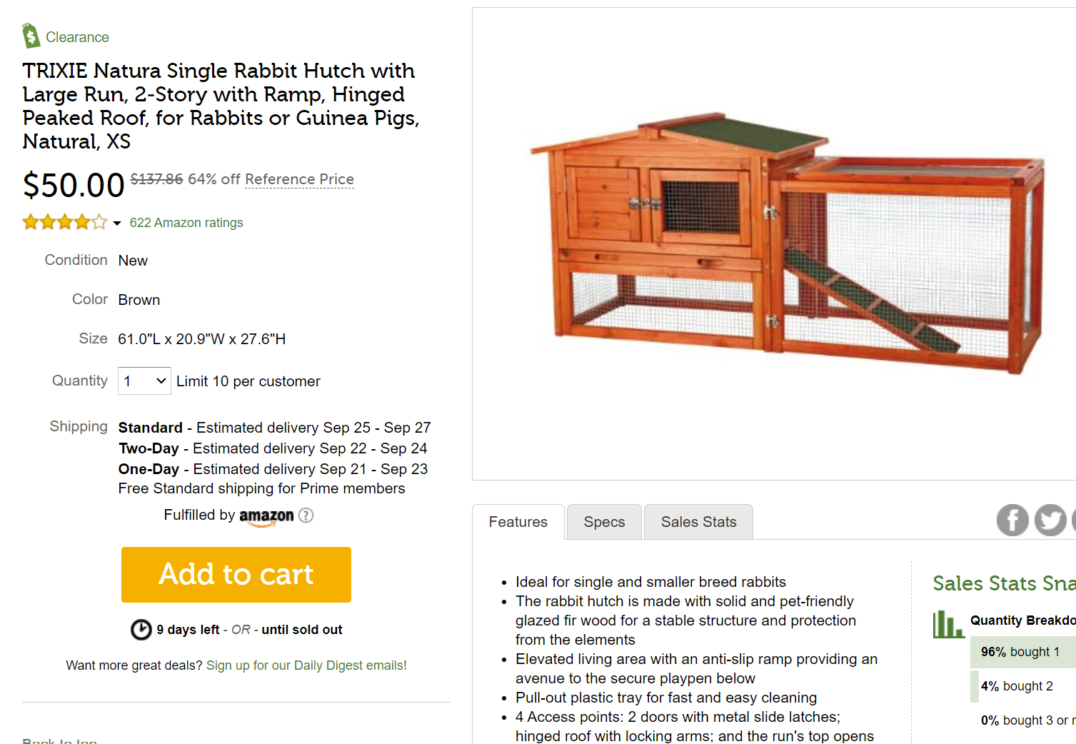 HUGE CLEARANCE! – Natura Single Rabbit Hutch with Large Run!