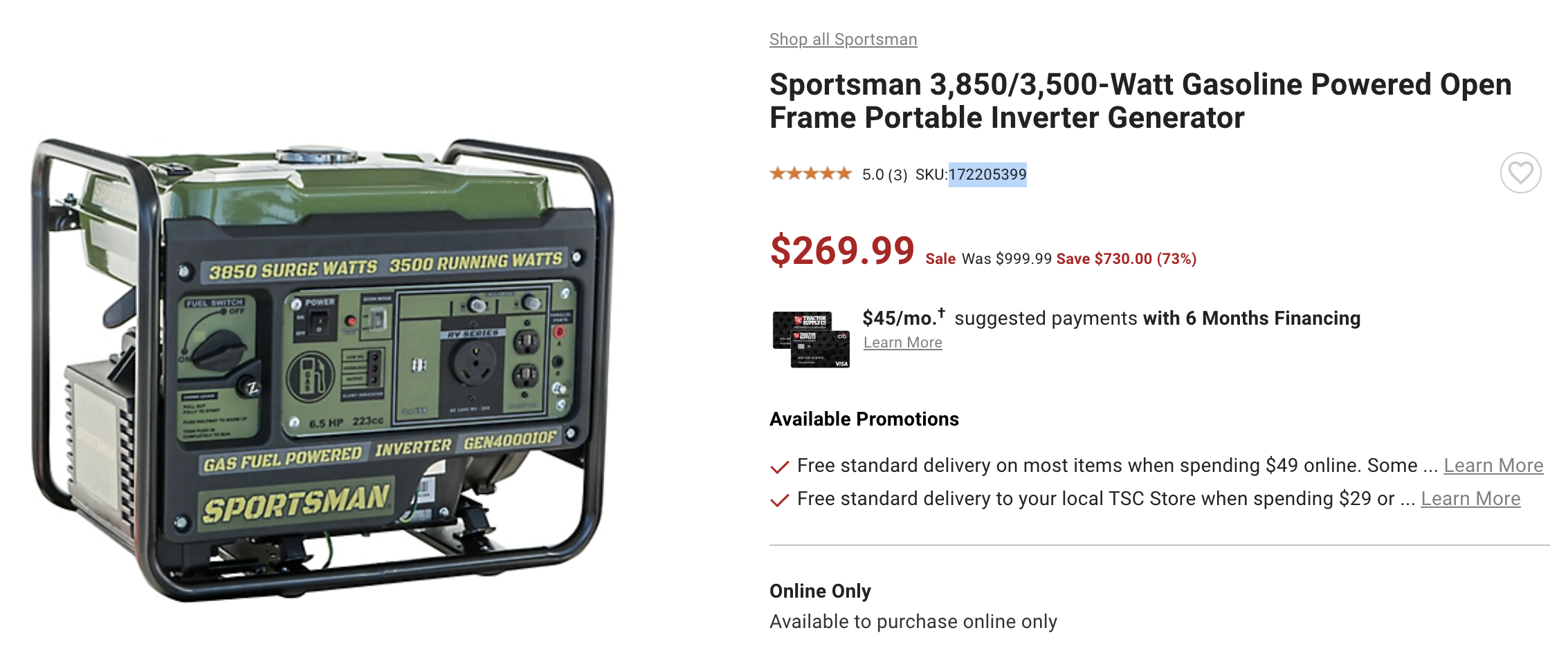 Sportsman 3,850/3,500-Watt Generator ONLY $269.99 (Reg $999.99)!