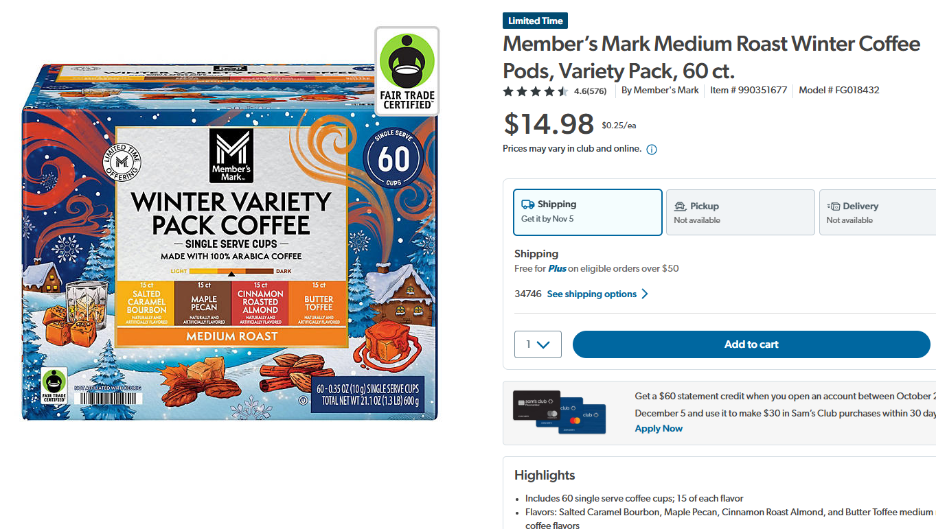 Winter Coffee Pods, Variety Pack, 60 ct ONLY $14.XX Screenshot 2024 11 04 065321