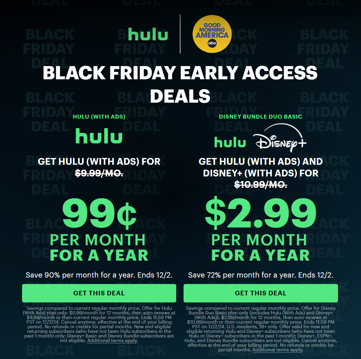 HULU bLACK FRIDAY IS LIVE ONLY 99 CENTS PER MONTH FOR A YEAR! ADD DISNEY PLUS FOR 2 PER MONTH!