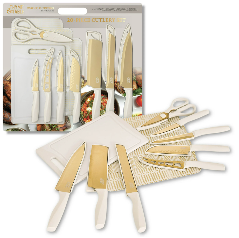 Thyme & Table 20 Piece Stainless Steel Gold Knife and Cutting Board Set, Taupe