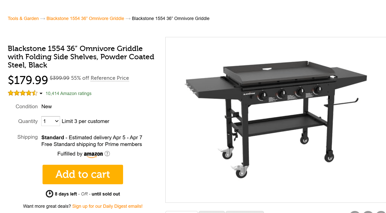 Blackstone 1554 36” Omnivore Griddle with Folding Side Shelves 55% Off At WOOT!