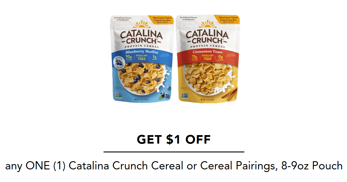 New One Time Code – Get $1 OFF Any ONE (1) Catalina Crunch Cereal or Cereal Pairings, 8–9oz Pouch!