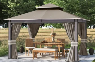 Sunjoy+Roberts+Outdoor+Patio+Steel+Frame+11+x+13+ft.+2 Tier+Soft+Top+Gazebo+with+Light+Gray+Canopy+Roof,+Netting,+and+Curtains