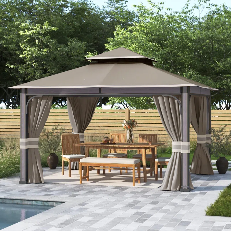 Sunjoy+Roberts+Outdoor+Patio+Steel+Frame+11+x+13+ft.+2 Tier+Soft+Top+Gazebo+with+Light+Gray+Canopy+Roof,+Netting,+and+Curtains