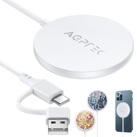 AGPTEK Wireless charger, Built in 4.9ft Magnetic Charging Cable with Type C & USB A Port, White