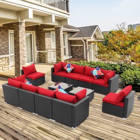 Ainfox 12 Pieces Outdoor Patio Furniture Sofa Set on Clearance All-Weather Black PE Wicker Sectional Lawn Rattan Couch Conversation Chair Set with Red Thickened Cushions,Glass Table