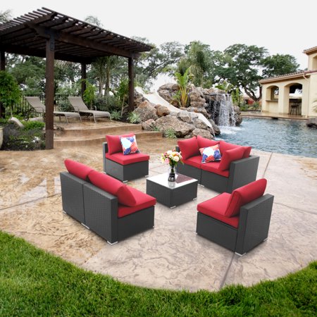 Ainfox 7 Pieces Outdoor Patio Furniture Sofa Set + Free 95% Sunblock Shade Cloth, Patio Conversation Set with Red Thickened Cushions and Pillows