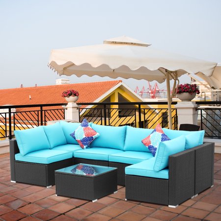 Ainfox 7 Pieces Outdoor Patio Furniture Sofa Set + Free 95% Sunblock Shade Cloth, Patio Conversation Set with Blue Thickened Cushions and Pillows