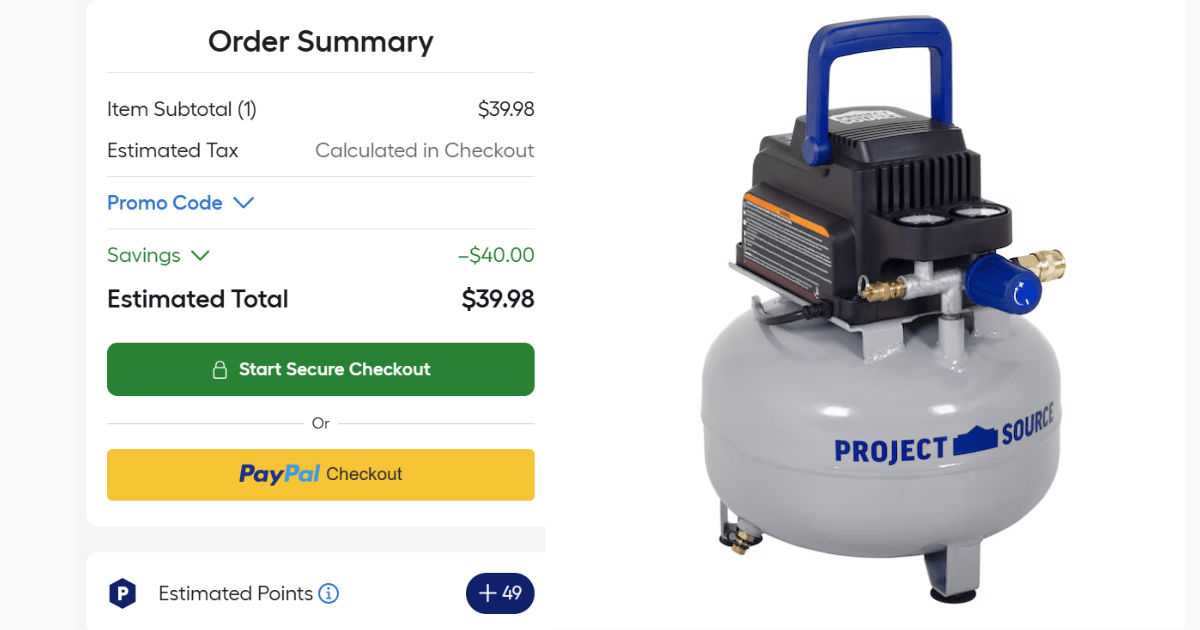 Project Source 3-Gallon Electric Pancake Air Compressor $40 at Lowe's 1 Airtank