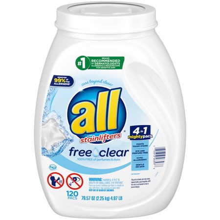 all Mighty Pacs Laundry Detergent, Free Clear for Sensitive Skin, Tub, 120 Count