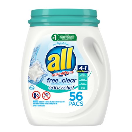all Mighty Pacs Laundry Detergent Pacs, 56 Count, Free Clear Odor Relief, Tub