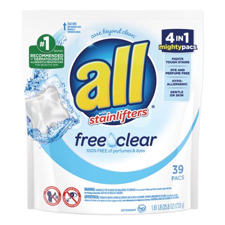 all Mighty Pacs Laundry Detergent Pacs, Free Clear for Sensitive Skin, Unscented and Dye Free, 39 Count