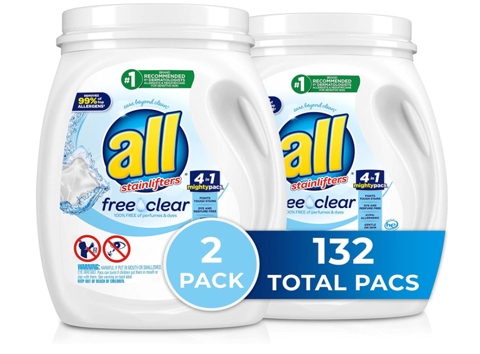 All Mighty Pacs with stainlifters free clear Laundry Detergent, 66 Count, 2 Pack