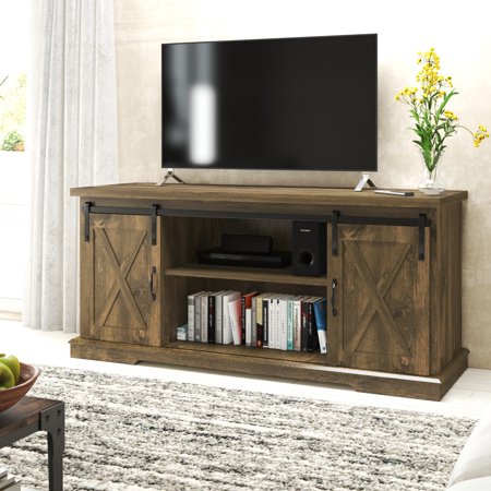 Allewie 58" Rustic Oak Farmhouse TV Stand with Sliding Barn Door, Adjustable Shelves for TVs up to 65", Wood Storage TV Cabinet for Living Room