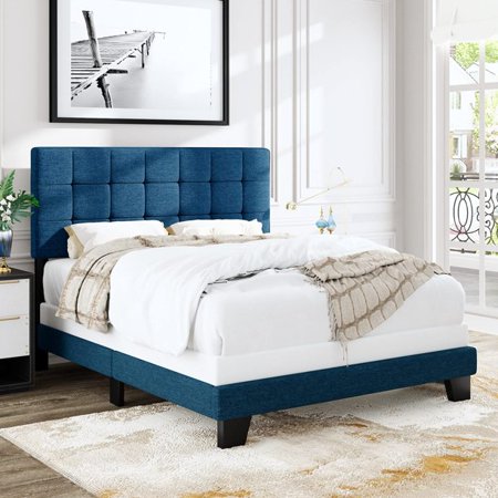 Allewie Full Size Blue Panel Bed Frame with Adjustable High Headboard, Fabric Upholstered Platform Bed Frame,