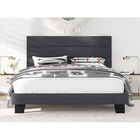 Allewie Full Size Fabric Fully Upholstered Platform Bed Frame with Headboard and Strong Wooden Slats, Dark Grey