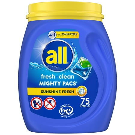 all Mighty Pacs Laundry Detergent Pacs, 56 Count, Free Clear Odor Relief, Tub - WALMART