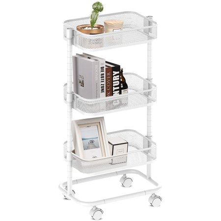 ALVOROG 3-Tier Metal Rolling Utility Cart, Rolling Kitchen Cart with Adjustable Shelves Easy Assembly Storage Trolley with Lockable Wheels for Kitchen Bathroom Patio (White)