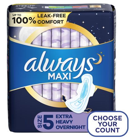 Always Maxi Overnight Pads with Wings, Size 5, Extra Heavy Overnight, 36 ct