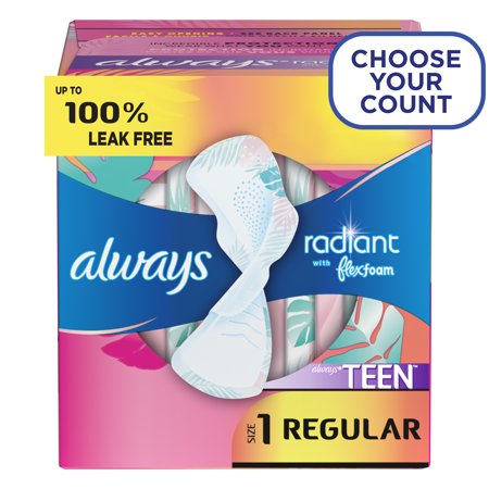 Always Radiant Teen Regular Flow Pads with Wings, Unscented, 28 Ct