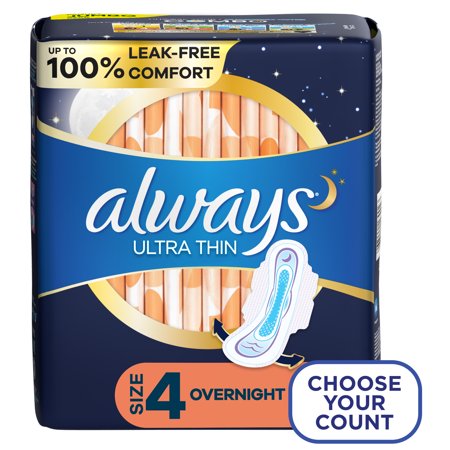 Always Ultra Thin Pads Size 4 Overnight Absorbency Unscented with Wings, 50 Count