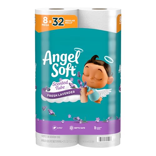 Angel Soft Toilet Paper With Fresh Lavender Scented Tube, 8 Mega Rolls = 32 Regular Rolls, Soft And Strong Toilet Tissue