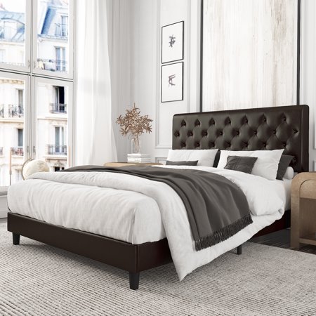 Amolife Full Bed Frame with Adjustable Faux Leather Headboard, Diamond Button Tufted Upholstered Style, Espresso