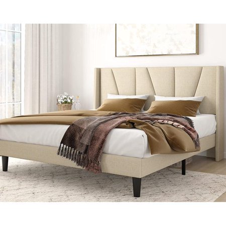 Amolife Full Size Upholstered Platform Bed Frame with Wingback & Geometric Headboard, Beige
