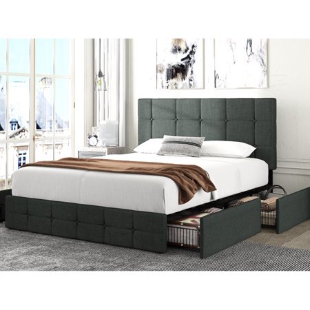 Amolife Queen Size Platform Bed Frame with Headboard and 4 Storage Drawers, Button Tufted Style, Dark Grey, Mattress Not Included