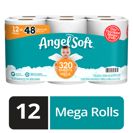 Angel Soft Toilet Paper, 12 Mega Rolls = 48 Regular Rolls, 2-Ply Bath Tissue