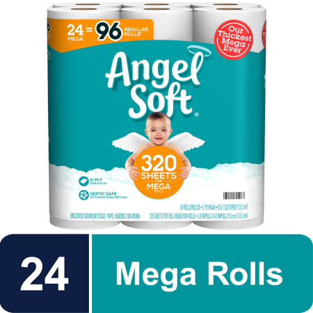 Angel Soft Toilet Paper, 24 Mega Rolls = 96 Regular Rolls, 2-Ply Bath Tissue