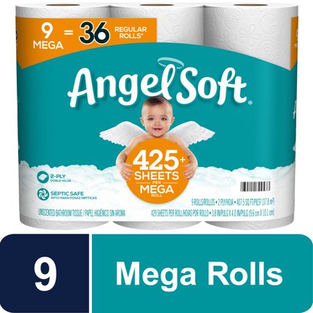 Angel Soft Toilet Paper, 9 Mega Rolls = 36 Regular Rolls, 2-Ply Bath Tissue