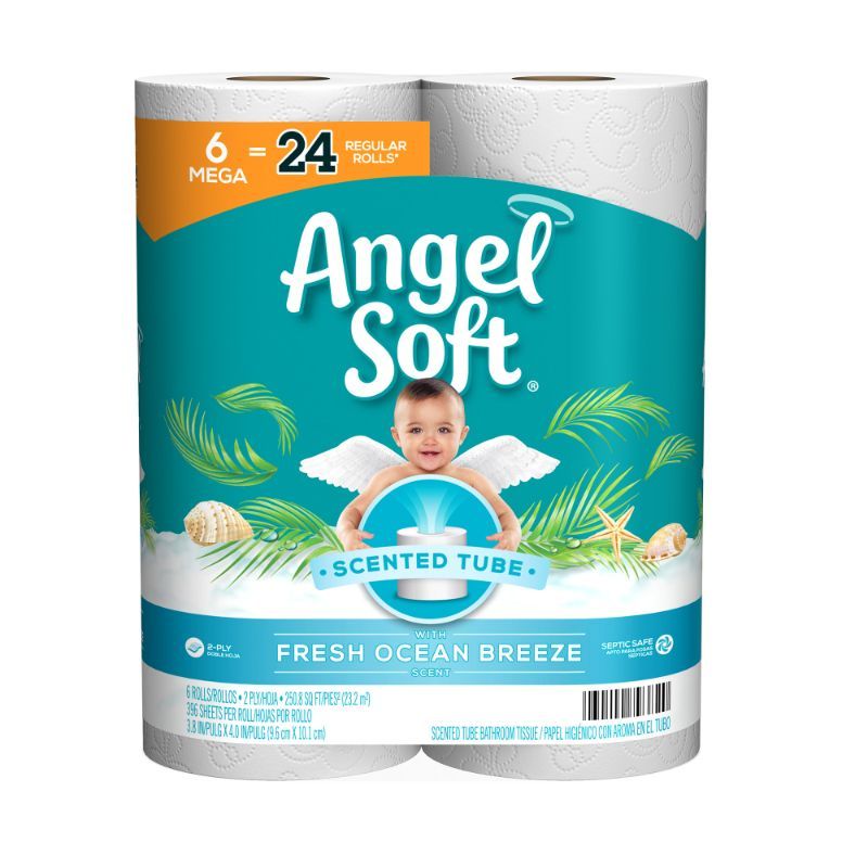 Angel Soft® Toilet Paper with Fresh Ocean Breeze Scent, 6 Mega Rolls=24 Regular Rolls, 390+ 2-Ply Sheets