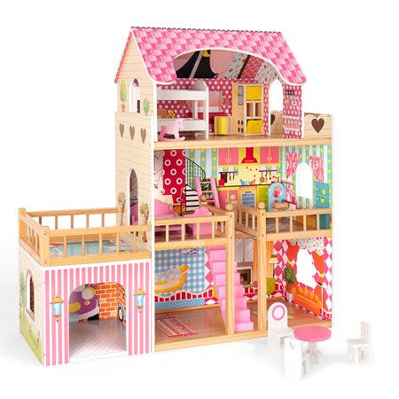 Anysun Wooden Dollhouse, Doll House Play Set for Kids, Toddlers Playhouse Accessories and Furniture, Dreamy Classic Dollhouse, Girls Building Toys Figure, Gift for Kids Girls, Pink