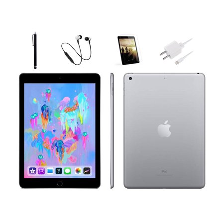 Apple 9.7-inch iPad, Wi-Fi Only, 32GB, Bundle: Tempered Glass, Stylus Pen, Rapid Charger, Bluetooth Headset - Space Gray(2018/2019) [Holidays Exclusive - 1 Year Warranty Certified Pre-Owned]