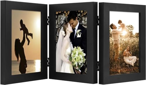 Golden State Art, 5X7 Three Picture Frame Trifold Hinged Photo Frame With 3 Openings, Desk Top Family Picture Collage, With Real Glass (5X7 Triple, Black, 1-Pack)
